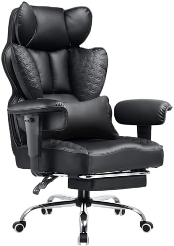 COMHOMA Big and Tall Office Chair 400LBS Wide Ergonomic Gaming Chair with Deluxe Embossing Designed Leather with Foot Rest,150°Reclining Adjustable Armrests Pocket Spring Back Support and Pillow