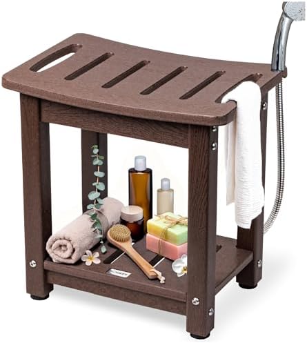 Waterproof Corner Shower Stool - Shower Bench (Dark Brown) - Adjustable Feet for Any Surface - Waterproof Slatted Surface for Efficient Drainage - No Maintenance Needed