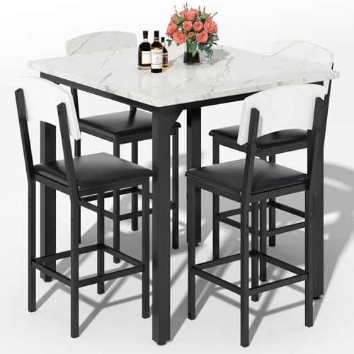 AWQM 5-Piece Dining Table Set, Dining Table Set for 4, Counter Height Table & 4 Bar Stools, Modern Kitchen Dining Set, with Upholstered Chairs, Compact Dining Set for Small Spaces, Marble Texture