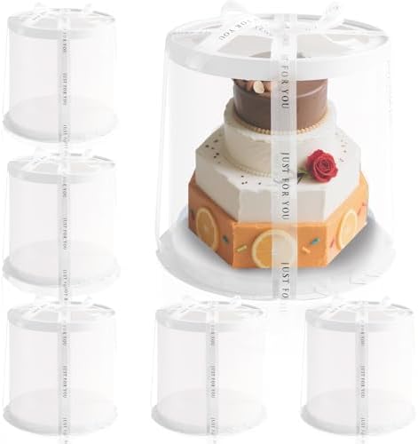 6Pcs 8.5*9.5inch Round clear cake boxes with Ribbon,Ideal for 7inch and 6inch Tall Layer Tiered Cakes,Multi-Layer cake boxes for Christmas Bakery Treat,Transparent Boxes(Clear Lid, Round 8.5inch/6Pcs)