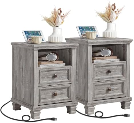 Farmhouse Nightstand Set of 2 with Charging Station, Rustic Grey Nightstand,2 Drawers End Table for Living Room,Bedside Table with Open Shelf for Bed Room,Grey