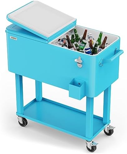 VINGLI 80 Quart Rolling Ice Chest, Portable Patio Party Bar Drink Cooler Cart, with Shelf, Beverage Pool with Bottle Opener
