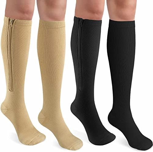 CASMON 2 Pairs Zipper Compression Socks for Women & Men, 15-20 mmHg Closed Toe Knee High Support Sock with Zipper for Varicose Vein Edema
