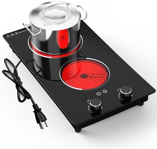 110v Electric Cooktop 2 Burners, 12'' Electric Stove Top with Plug in, GTKZW Knob Control Countertop & Built-in Ceramic Cooktop, 9 Power Levels, Child Lock, Timer, Over-Heat Protection