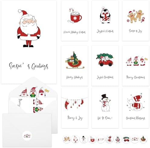 20 Pack Christmas Cards with Envelopes & Stickers, 4 x 6 Inch Holiday Cards Assorted Christmas Card in 10 Unique Designs for Friends Family Coworkers (Minimalist Style)