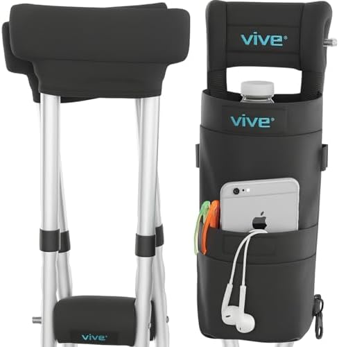 Vive Crutch Pads, Bag, & Hand Grips (5 PCS) - Crutches for Adults Armpit Padding, Hand Grips, Accessories Pouch - Soft Tips Medical Padded Handles for Kids, Men, Women - Lightweight