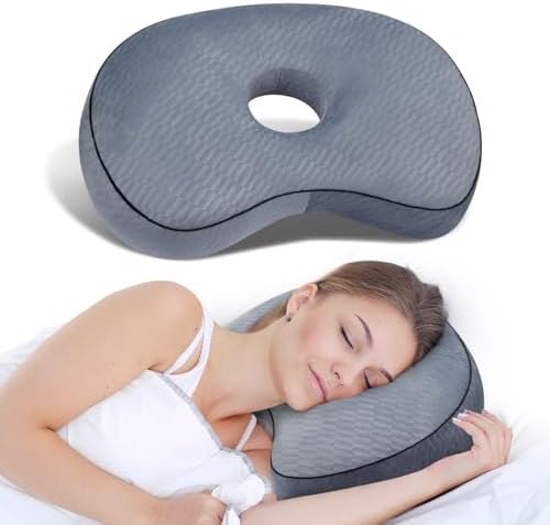 Ear Piercing Pillow for Side Sleepers with an Ear Hole for CNH and Ear Pain Ear Inflammation Pressure Sores, Cotton and Polyester Adjustable Filling and Adjustable Ear Guard Pillow, Gray Skew Grid