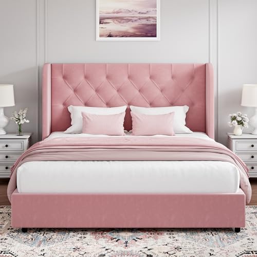 Full Bed Frame, Pink Velvet Upholstered Bed Frame Full with Headboard and Wide Wingback, Sturdy Wooden Slats Support, No Box Spring Required, Noise Free, Easy Assembly, Pink