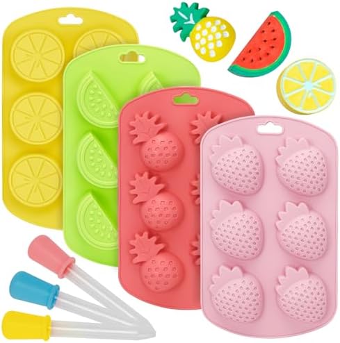 4PCS Fruit Shape Silicone Mold with 3Pcs Dropper, Pineapple Lemon Watermelon Strawberry Baking Tray, 3D Fruit Snack Molds for DIY Chocolate Candy Gummy Fondant Ice Cube Cake Candle Decoration