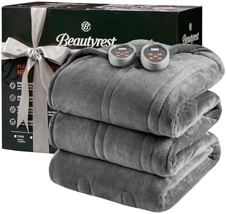 Beautyrest Heated Blanket, Electric Blanket, Soft, Warm, Reversible Plush - Sherpa Heating Blanket with 20 Heat Settings, 1-10 hrs Timer Auto Shut Off, Machine Washable, Queen (90 inx84 in), Grey