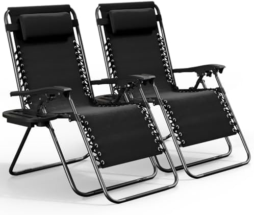 Nestl Zero Gravity Chairs Set of 2, Patio Lounge Chair Outdoor with Pillows & Cup Holder Trays, Adjustable Steel Mesh Reclining Camping Chair, Folding Patio Lawn Chair for Deck, Beach, Yard - Black