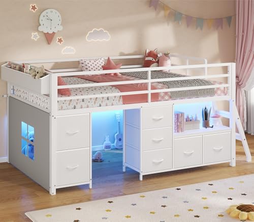 ADORNEVE Low Loft Bed Twin Size with 7 Storage Drawers, Bookcase and LED Lights, Metal Kids Loft Bed with 14" H Safety Guardrail,Inclined Ladder and Play Curtain, Under-Bed Play Space, White
