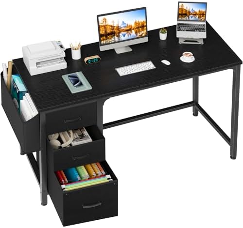 Lufeiya Computer Desk with Fabric File Drawers Cabinet, 55 Inch Reversible Home Office Desks with Filing Cabinet, Study Writing Table PC Desks with Storage for Bedroom, Black