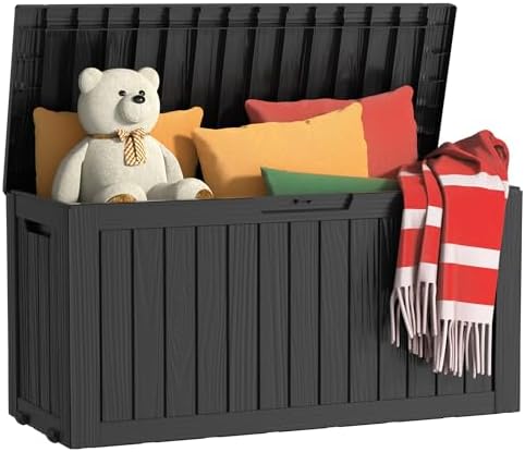 75 Gallon Outdoor Storage Box, Resin Waterproof UV-Resistant Deck Box, Reinforced Stability for Patio, Garden, and Poolside, Striped Black