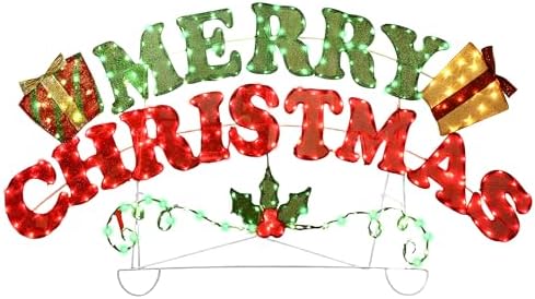 60''L Large Merry Sign Christmas Decorations Outdoor Lighted Outdoor Holiday Decor Light Up ‘Merry Christmas’ Sign with Plug-in LED Lights, Stakes for Yard, Lawn, Party