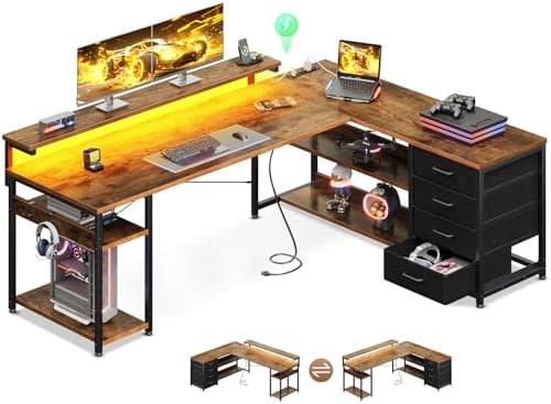 AODK 61" L Shaped Desk with Drawer, Computer Desk with Power Outlets & LED Lights, Reversible Corner Gaming Desks for Home Office Workstation, Office Table with Monitor Shelf, Vintage
