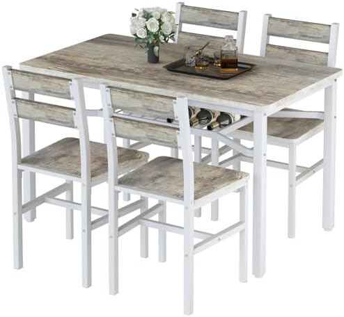 Hooseng Dining Table Set for 4, Wood Kitchen Table Chairs Set with Storage, Farmhouse 5 Piece Dining Room Table Set, Space-Saving Dinette Set for Breakfast Nook, Apartment