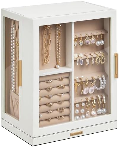 360° Rotating Jewelry Box with 5 Drawers, Spacious Vertical Jewelry Organizer with Glass Window, Jewelry Storage Case, Dustproof & Moisture-resistant Design, White