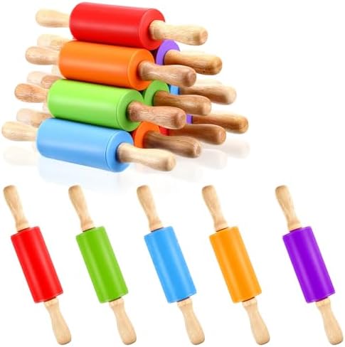 10Pcs 9 Inch Silicone Small Rolling Pin for Kids Wooden Rolling Pins for Baking Mini Rolling Pin Silicone 5 Colors Wooden Handle Rolling Pin for Kitchen Cake Baking Cookie