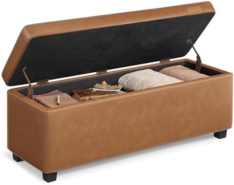 VASAGLE EKHO Collection - Storage Ottoman Bench, Entryway Bedroom Bench, 25 Gallons, Synthetic Leather with Stitching, Mid-Century Modern, Safety Hinges, Loads 660 lb, Caramel Brown ULOM075K01
