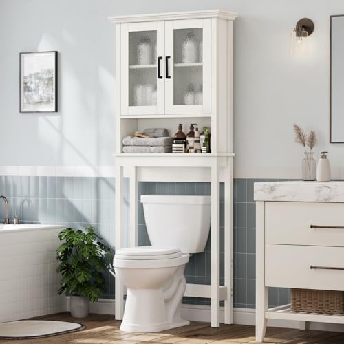 Over The Toilet Storage Cabinet, Over Toilet Bathroom Organizer with Doors and Adjustable Shelf, Thicken Frame Above Toilet Storage Cabinet Behind Toilet Bathroom Organizer, Cream White