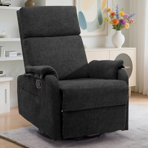 Recliner Chairs, Swivel Rocking Recliner Chair for Adults, Glider Rocking Chair, Small Nursery Chair Recliner for Living Room, Reclining with Modern-Designed Armrests, Chenille, Black