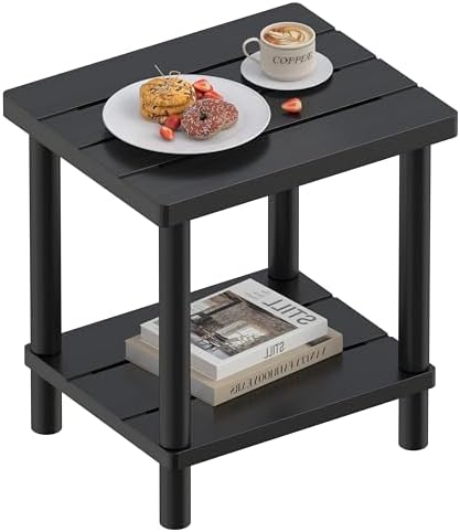 Outdoor Side Table, 2-Tier Small Outdoor Table for Patio, Adirondack Side Tables for Outside or Indoor, Bamboo End Table for Pool, Porch, Weather Resistant Easy Maintenance-Black