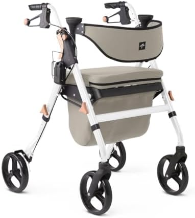 Medline Premium Empower Rollator Walker with Memory Foam Seat, Gray & White, 300 lb. Weight Capacity, 8” Wheels, Microban* Technology, Cupholder,Rolling Walker for Mobility Impairment