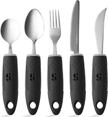 Special Supplies Adaptive Utensils (5-Piece Kitchen Set) Wide, Non-Weighted, Non-Slip Handles for Hand Tremors, Arthritis, Parkinson’s or Elderly Use (Black)