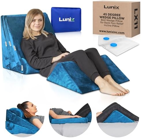 Lunix 5pcs Orthopedic Bed Wedge Pillow Set, Post Surgery Memory Foam for Back, Leg, and Knee Pain Relief, Adjustable Sitting Pillow for Sleeping, Acid Reflux, and GERD, with Hot Cold Pack, Blue