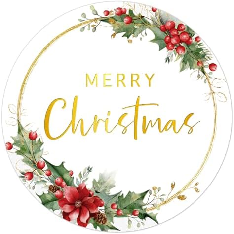 120pcs Merry Christmas Stickers for Cards Envelope Seals Gold Foil 1.6'' Large Round Holiday Seals Stickers Poinsettia Holly Berry Wreath Design