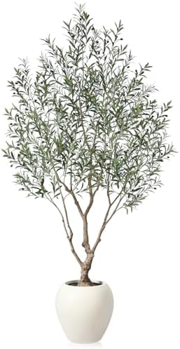 Olive Trees Artificial Indoor, 8 Feet Tall Faux Olive Tree with Round Artisan Planter, Premium Handmade, Realistic Trunk & Lifelike Leaves, Perfect for Large Spaces & Elegant Home/Office Decor