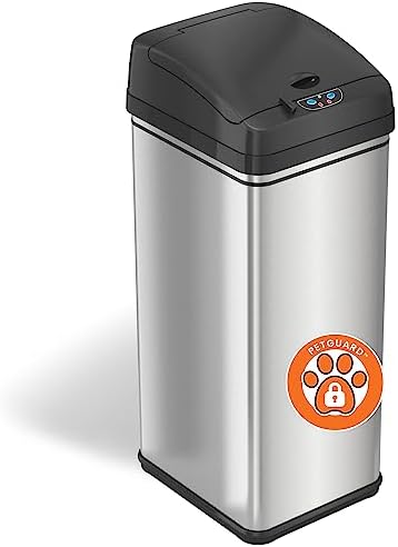 iTouchless 13 Gallon Dog Proof Trash Can with Odor Filter, Motion Sensor Stainless Steel Kitchen Trashcan Garbage Bin for Home Office Work Bedroom Living Room Garage Large Capacity Slim Wastebasket