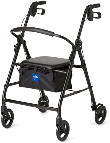 Medline Steel Rollator Walker for Adult Mobility Impairment, Black, 300 lb. Weight Capacity, 6” Wheels, Foldable, Adjustable Handles, Rolling Walker for Seniors