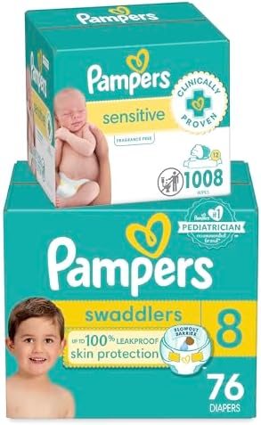 Pampers Swaddlers Disposable Baby Diapers Size 8, 76 Count with Sensitive Water Based Baby Wipes 12 Flip-Top Packs (1008 Wipes Total)