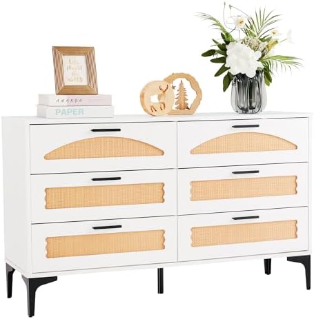 6 Drawer Double Dresser for Bedroom, Wood Rattan Dresser for Closet with Metal Handles, Boho TV Stand with Drawers, White Dressers & Chests of Drawers for Bedroom, Hallway and Entryway