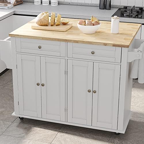 Rolling Kitchen Island with Drop Leaf – Movable Kitchen Carts on Wheels Island with Storage Cabinet, Island Table for Kitchen with Rubber Wood Top and Rack and Drawers, Matte, White