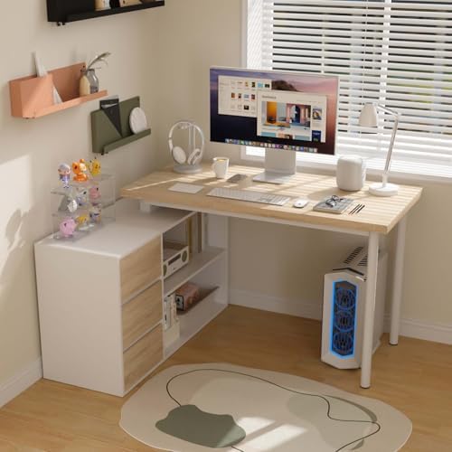 L Shaped Computer Desk, 47 Inch Home Office Desk with File Drawers & Storage Shelves, Small Corner Computer Desk for Small Space (White + Walnut)