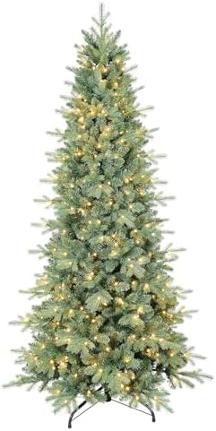 6 FT Prelit Artificial Skinny Christmas Tree,Blue Spruce Slim Pencil Xmas Tree with 1205 PE&PVC Mixed Branch Tips and 300 UL Listed Clear Lights,Hinged Pine Tree with Metal Stand for Home Office DÃ©cor