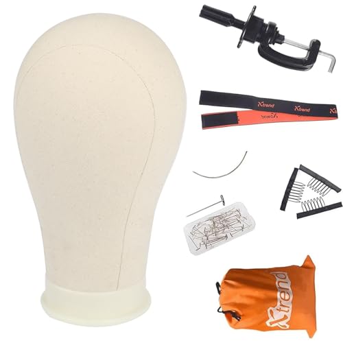 XTREND 21"-24" Canvas Block Mannequin Head for Making Weft/Wig/Hair Extension, Display Styling Mannequin With Wig Stand Set, Manikin Canvas Hair Accessories 22 Inch