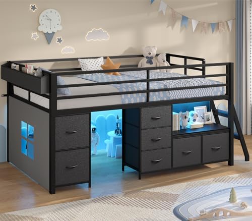 ADORNEVE Low Loft Bed Twin Size with 7 Storage Drawers, Bookcase and LED Lights, Metal Kids Loft Bed with 14" H Safety Guardrail,Inclined Ladder and Play Curtain, Under-Bed Play Space, Black