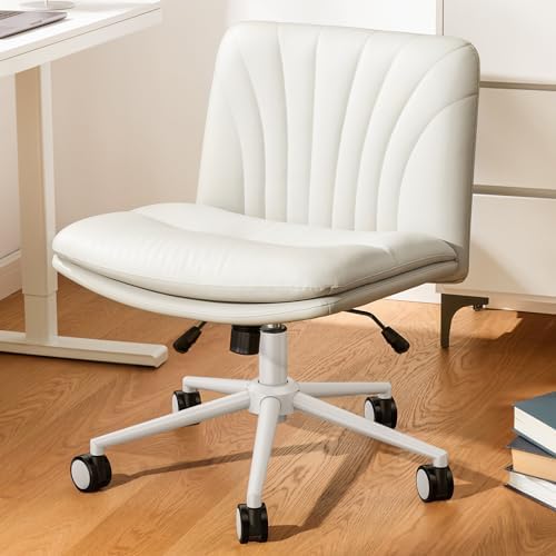 Marsail Armless-Office Desk Chair with Wheels: PU Leather Cross Legged Wide Chair,Comfortable Adjustable Swivel Computer Task Chairs for Home,Office,Make Up,Small Space,Bed Room(Balanced Beige)