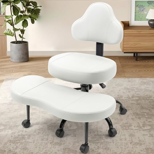 Cross Legged Office Chair, Criss Cross Desk Chair ADHD Meditation Kneeling Yoga Seat with Adjustable Height, Lumbar Support, Wider Footrest and Wheels (White)