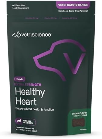 VetriScience Extra Strength Healthy Heart Chews, Vetri Cardio Taurine and CoQ10 Supplement for Dogs, Heart Support Supplement, Chicken, 60 Count
