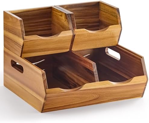 Acacia Wood Pantry Storage Bins - Stackable Open Front Kitchen Baskets with Airflow Vent for Potato, Onion, Fruit, Vegetable, and Bread Storage, Wood Organizer for Pantry and Countertop