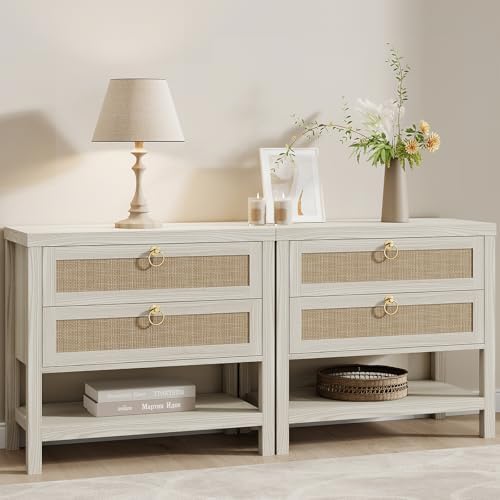 Large Rattan Night Stand Set of 2：Boho Nightstand with Drawers and Storage Shelf, White Bedside Table End Table Side Table for Bedroom(Cream White Oak,2 Pieces)