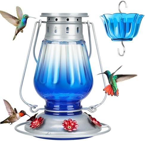 Kingsyard Glass Hummingbird Feeder for Outdoors Hanging - Vintage Lantern Style Leak-Proof Humming Bird Nectar Feeder with 6 Feeding Ports & Ant Moat for Outdoor Garden Decor, 24 Ounce, Blue