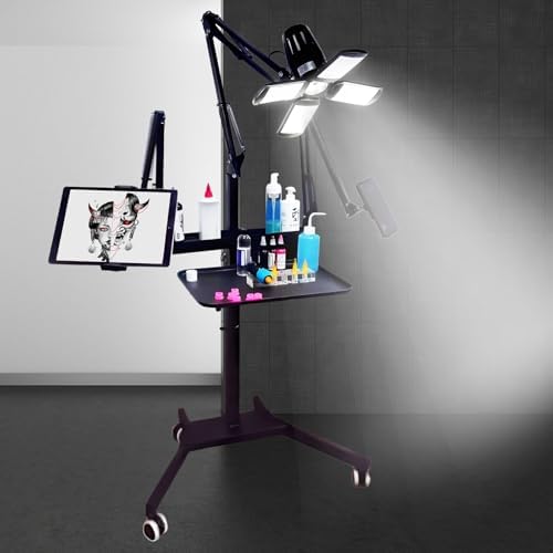 Multifunctional Tattoo Workstation,Tattoo Tray Cart with Tattoo Light& Wheels,Mobile Phone,ipad Tablet Holder, Tattoo Ink Tray and Led Garage Lights
