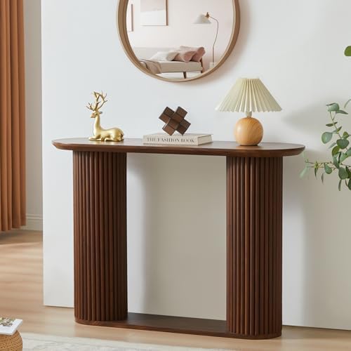 Fluted Console Table, Farmhouse Oval Curved Entryway Table with Storage and Fluted Wood Legs, Narrow Small Long Entry Sofa Table for Entrance, Hallway, Living Room (Walnut)