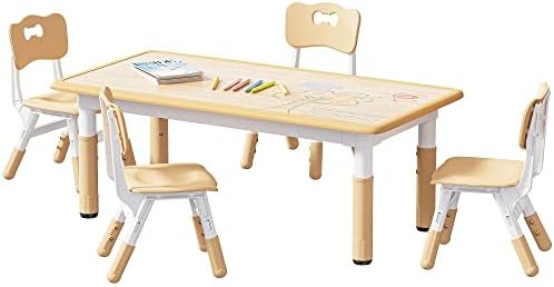 Brelley Kids Table and 4 Chairs Set, Height Adjustable Toddler Table and Chair Set, Graffiti Desktop, Non-Slip Legs, Max 300lbs, Children Multi-Activity Table for Ages 2-8